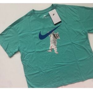 Nike Kids Teal Green Kitten Swoosh Graphic T-Shirt Loose Fit XL NWT